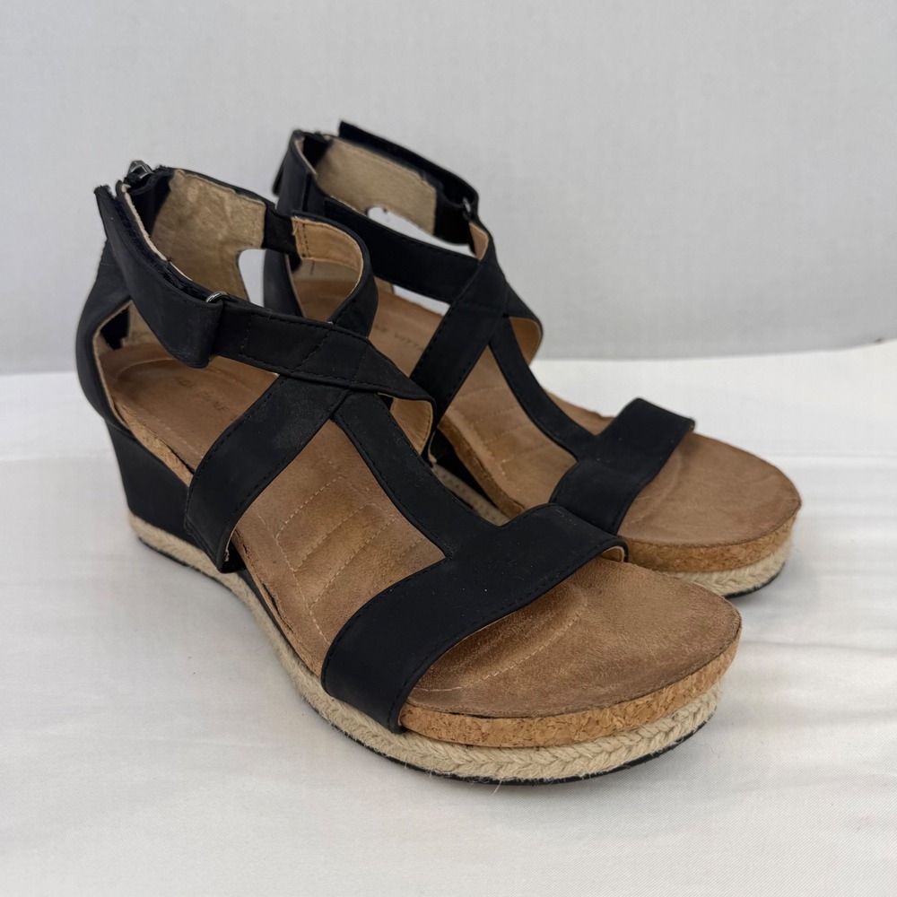Adrienne Vittadini Thurston Black Strappy Espadrille Wedge Sandals Womens 7.5M